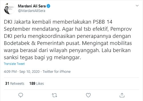 Tangkapan Layar Cuitan Mardani Ali Sera (Twitter/@mardanialisera).