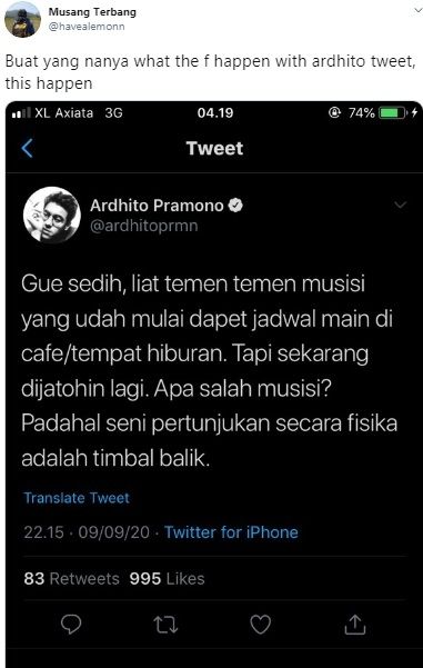 Unggahan Ardhito Pramono [Twitter]