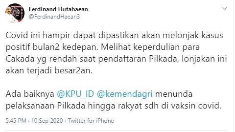 Ferdinand usul Pilkada diundur sampai rakyat divaksin Covid-19 (Twitter/ferdinandhaean3)