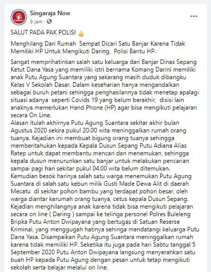 bocah SD kabur karena tak punya HP untuk sekolah online (FB/SingarajaNow)