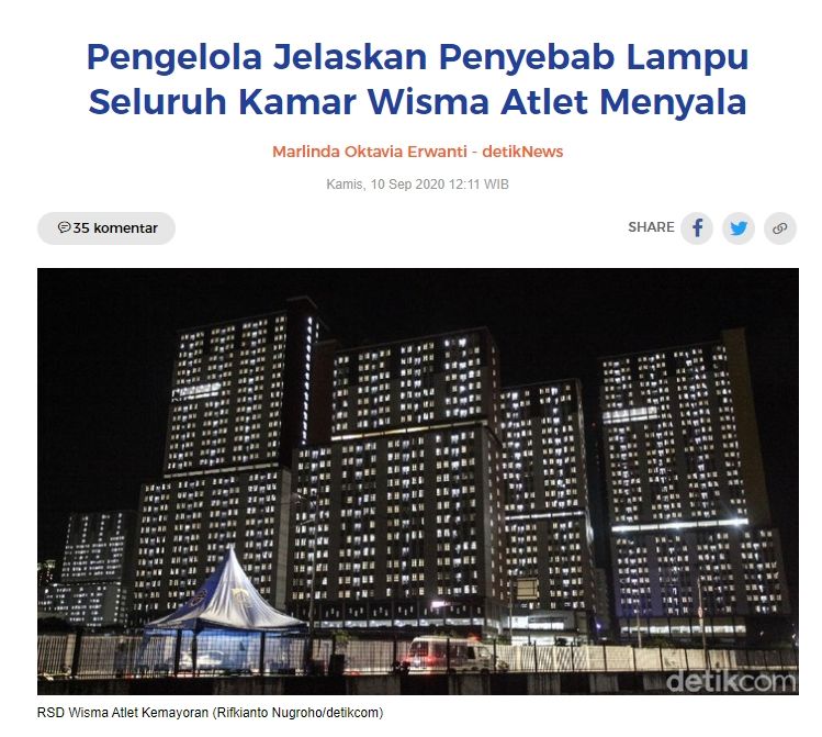 Semua lampu RSD Wisma Atlet menyala pertanda penuh pasien Covid-19 (Turnbackhoax.id)