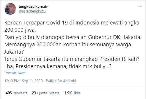 Tangkapan Layar Cuitan Tengku Zulkarnain (Twitter/@ustadtengkuzul).