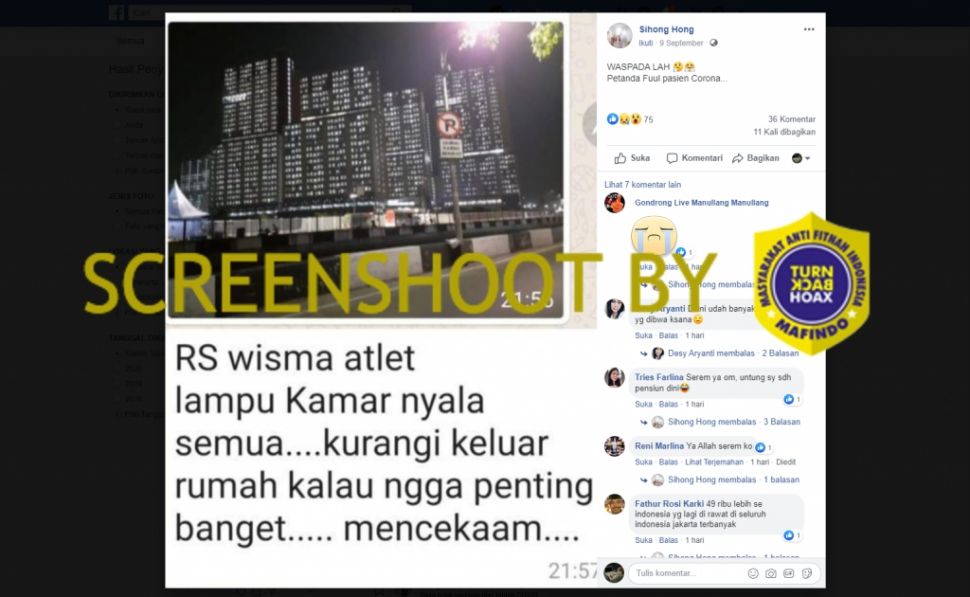 Semua lampu RSD Wisma Atlet menyala pertanda penuh pasien Covid-19 (Turnbackhoax.id)