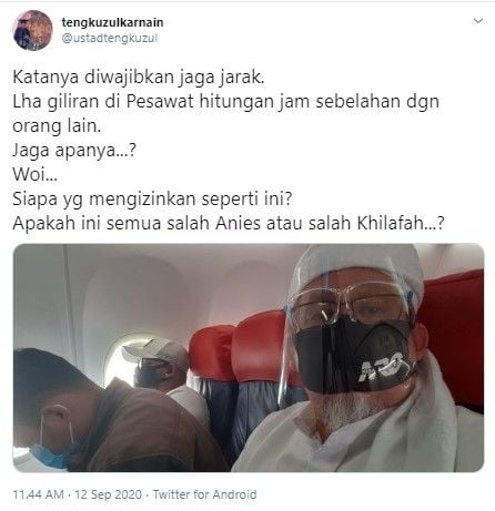 Tengku Zul protes maskapai langgar protokol kesehatan (Twitter/ustadtengkuzul)