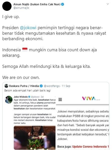 Ainun Najib nyerah soal kebijakan penanganan Covid-19 di Indonesia (Twitter/ainunnajib)