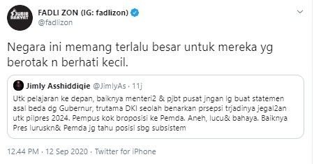 Fadli Zon sindir kisruh antara pemerintah pusat dengan Anies (Twitter/fadlizon)