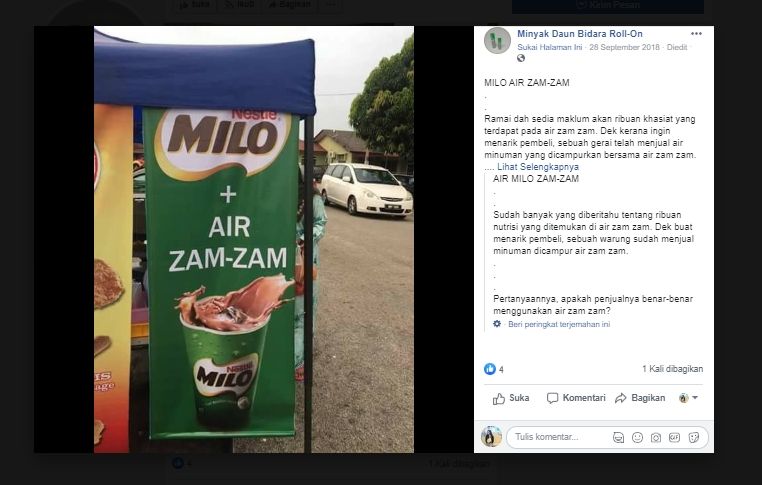 Mantap Jiwa, Gerai Minuman Ini Racik Es Cokelat dengan Air Zam Zam. (Facebook/Minyak Daun Bidara Roll On)