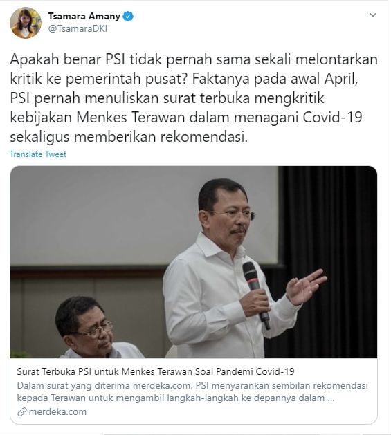 Tangkapan Layar Cuitan Tsamara Amany (Twitter/@TsamaraDKI).