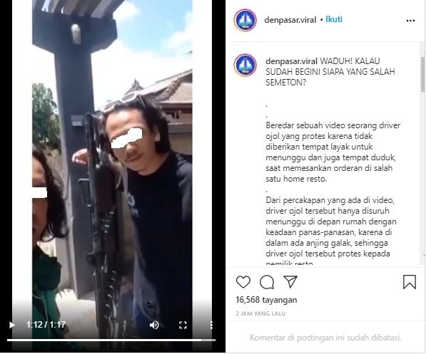 Tangkapan Layar Video Perdebatan Ojek Online dengan Pemilik Usaha Kuliner (Instagram/@denpasar.viral).