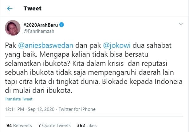 Cuitan Fahri Hamzah (Twitter/@FahriHamzah).