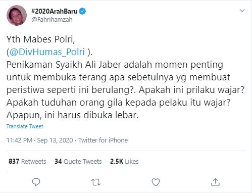 Tangkapan layar cuitan surat terbuka Fahri Hamzah kepada Mabes Polri (Twitter/@fahrihamzah).