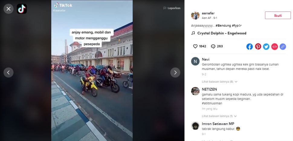 Tangkapan Layar Video Pesepeda Langgar Aturan Jalan (TikTok/@aanafar).