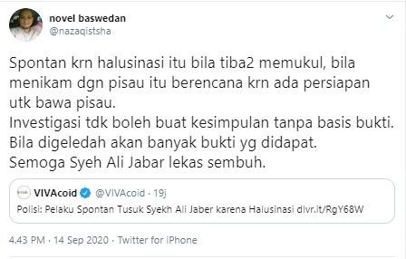 Novel Baswedan temukan kejanggalan di kasus penusukan Syekh Ali Jaber (Twitter/nazaqistsha)