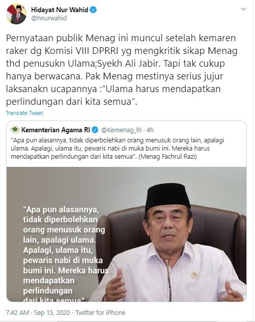 Tangkapan Layar Cuitan Hidayat Nur Wahid Soal Perlindungan Ulama, (Twitter/@hnurwahid).