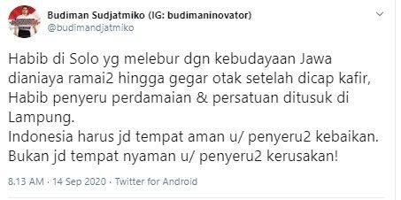 Budiman Sudjatmiko kecam aksi penusukan terhadap Syekh Ali Jaber (Twitter/budimansudjatmiko)