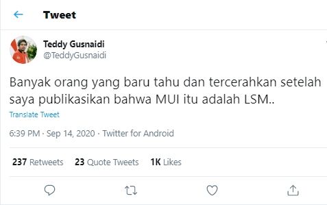 Tangkapan Layar Cuitan Teddy Gusnaidi (Twitter/@TeddyGusnaidi).