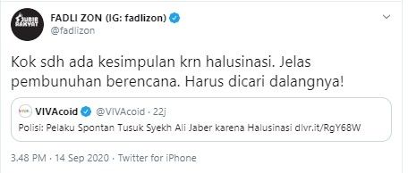 Komentar Fadli Zon soal penusuk Syekh Ali Jaber halusinasi (Twitter/fadlizon)