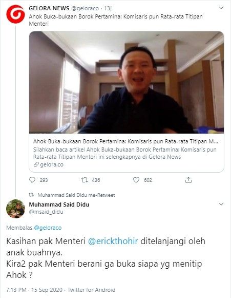 Said Didu iba dengan Erick Thohir, aib Pertamina dibuka Ahok (Twitter/msaid_didu)