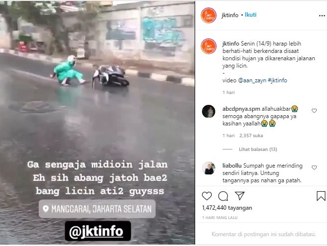 Tangkapan Layar Video Viral Pemotor Jatuh dan Terseret di Jalanan (Instagram/@jktinfo).