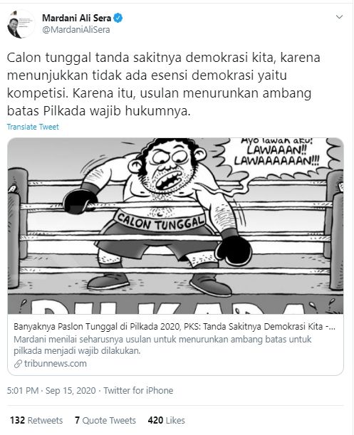 Cuitan Mardani Ali Sera Soal Calon Tunggal Pilkada (Twitter/@mardanialisera).