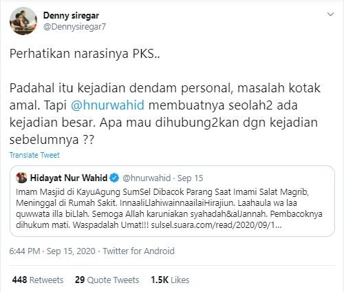 Tangkapan Layar Cuitan Denny Siregar Sindir Hidayat Nur Wahid (Twitter/@dennysiregar).