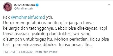 Fahri Hamzah minta Mahfud MD tak tanya tetangga soal kejiwaan penusuk Syekh Ali Jaber (Twitter)