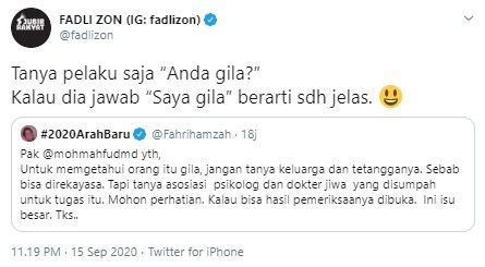 Komentar satir Fadli Zon tanggapi Mahfud MD tanya tetangga pelaku penusuk Syek Ali Jaber (Twitter)