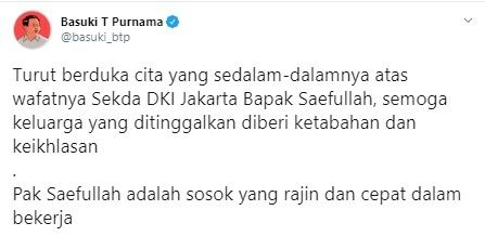 Ahok berduka atas kepergian Saefullah (Twitter/basuki_btp)