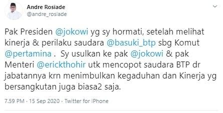 Andre Rosiade usul Ahok dicopot dari Komut Pertamina (Twitter/andre_rosiade)