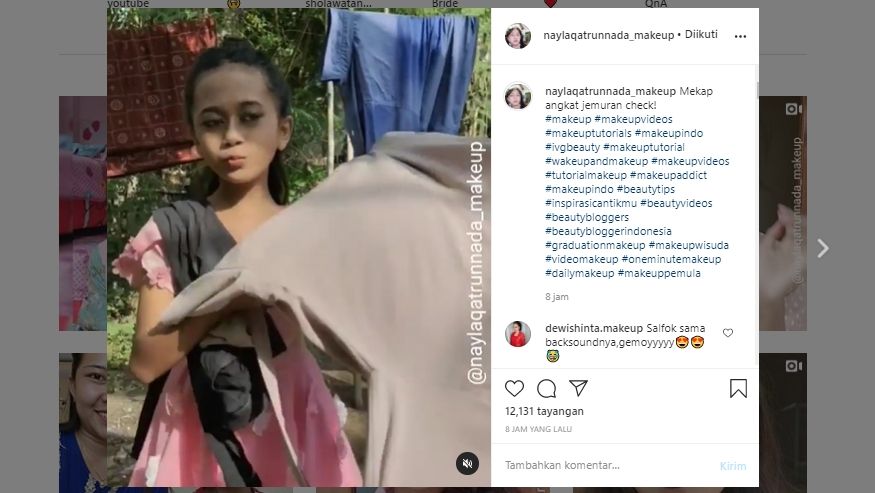 Beauty vlogger cilik berbagi video tutorial makeup untuk mengangkat jemuran. (Instagram/@naylaqatrunnada_makeup)