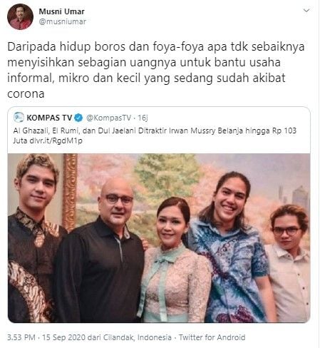 Musni Umar komentari gaya hidup anak-anak Ahmad Dhani (Twitter/musniumar)