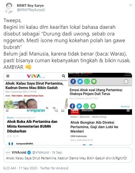 Roy Suryo beri sindiran berbahasa Jawa ke Ahok soal kadrun mau demi (Twitter/krmtroysuryo)