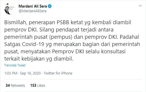 Tangkapan Layar Cuitan Mardani Ali Sera Soal Silang Pendapat Pempus dan Pemprov DKI (Twitter/@MardaniAliSera).