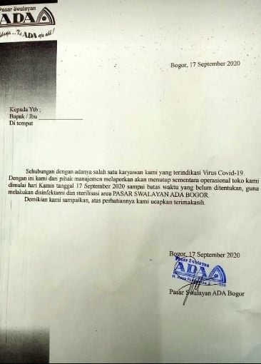 Beredar surat edaran terkait penutupan sementara Pasar Swalayan ADA Bogor. [Ist]