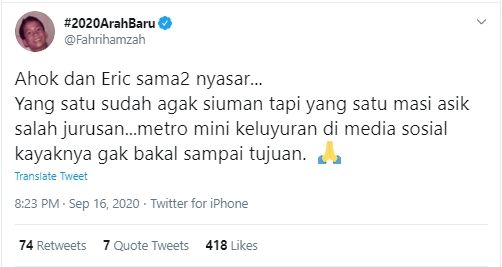 Tangkapan Layar Cuitan Fahri Hamzah Sebut Ahok dan Eric Nyasar (Twitter/@fahrihamzah).