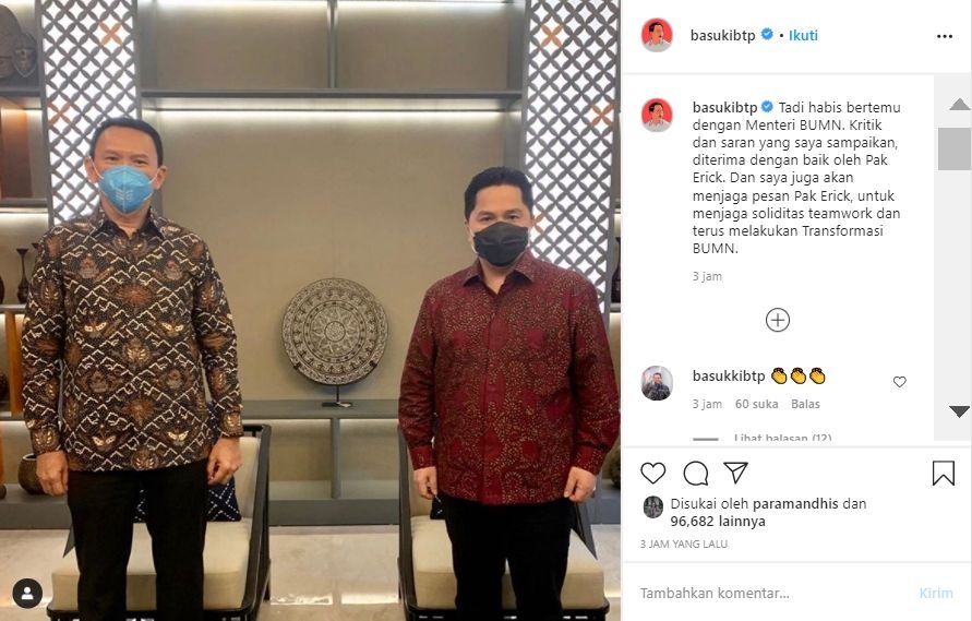 Tangkapan Layar Foto Pertemuan Ahok dengan Erick Thohir (Instagram/@basukibtp).