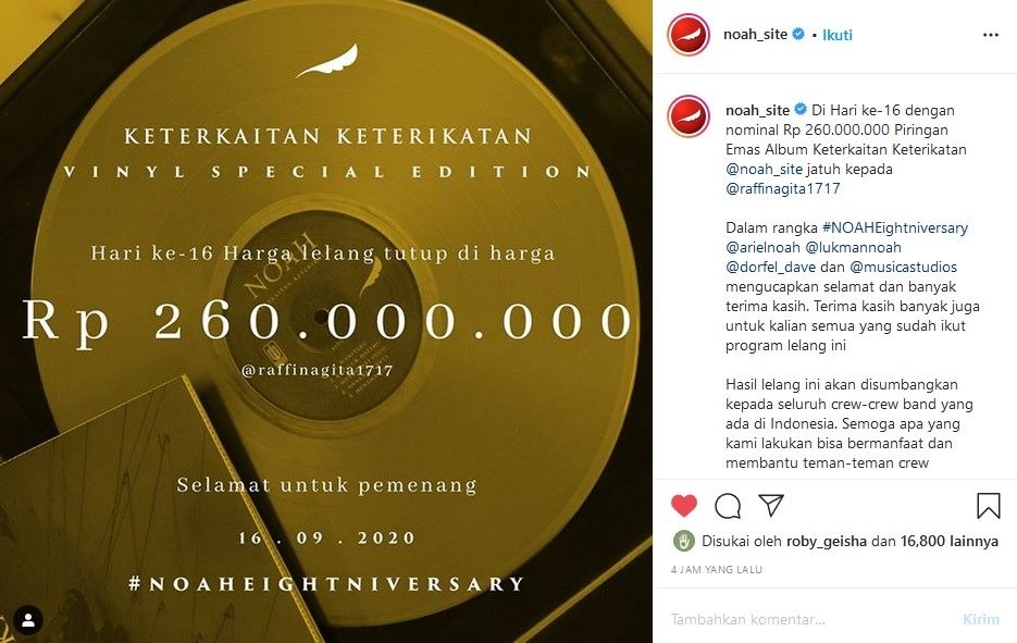 Album Vinyl Spesial Gold Edition dari Band NOAH berhasil dilelang seharga Rp 260 juta. Dan pemenang lelangnya adalah pasangan Raffi Ahmad dan Nagita Slavina. [Instagram]