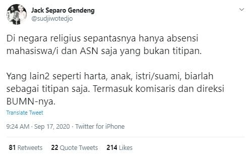 Tangkapan Layar Cuitan Sujiwo Tejo Sindir BUMN (Twitter/@sudjiwotedjo).