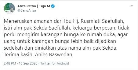 Keluarga Sekda Saefullah minta tak dikirimkan karangan bunga (Twitter/bangariza)