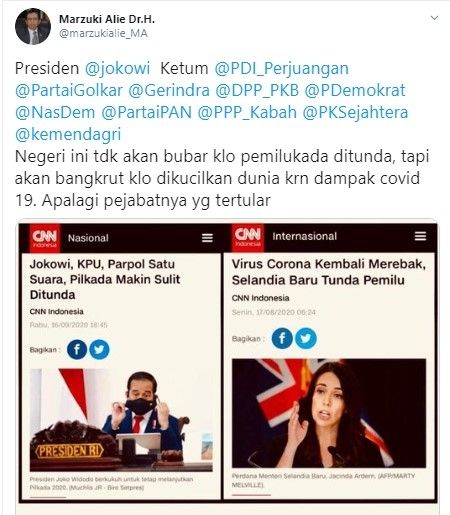 Marzuki Alie minta Pilkada ditunda selama pandemi Covid-19 (Twitter/marzukialie_ma)