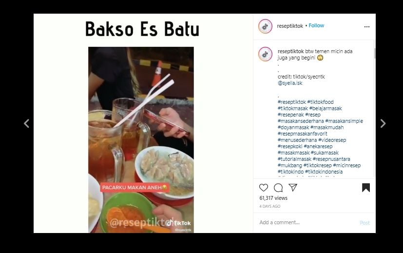 Makan Bakso Pakai Es Batu, Kebiasaan Pria Ini Bikin Warganet Tepuk Jidat. (Instagram/@reseptiktok)