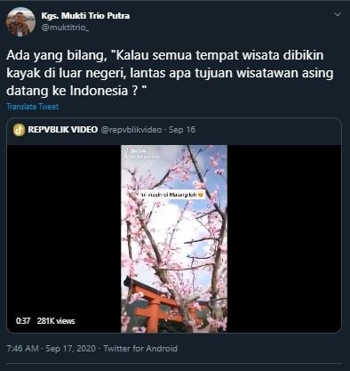 Pro Kontra Wisata Indonesia Bernuansa Luar Negeri Picu Perdebatan Warganet. (Twitter/@mukti_trio)