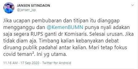 Jansen Sitindaon minta BUMN ganti komisaris Pertamina jika punya nyali (Twitter/jansen)jsp)