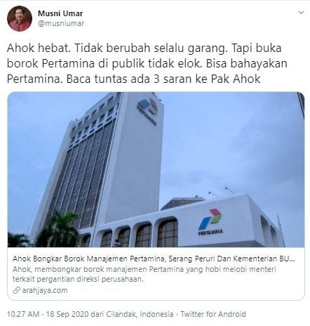 Rektor UIC nilai Ahok tak elok ungkap aib Pertamina ke publik (Twitter/musniumar)