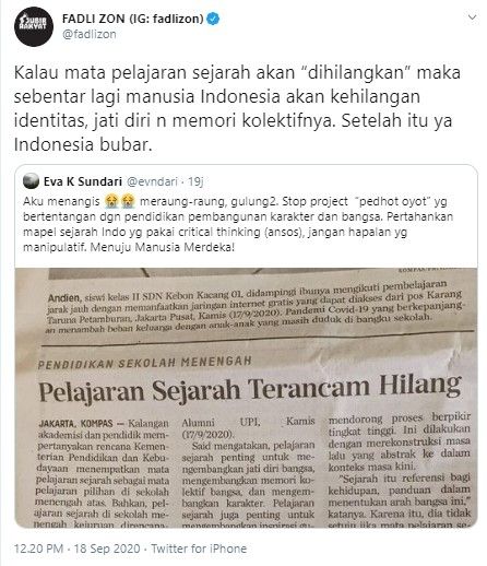 Kata Fadli Zon, Indonesia bisa bubar kalau sejarah dihapus (Twitter/fadlizon)