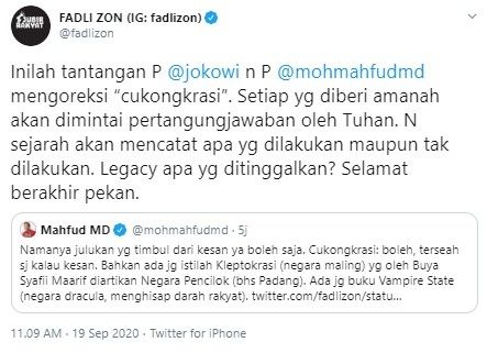 Cuitan Fadli Zon soal cukongkrasi (Twitter/fadlizon)