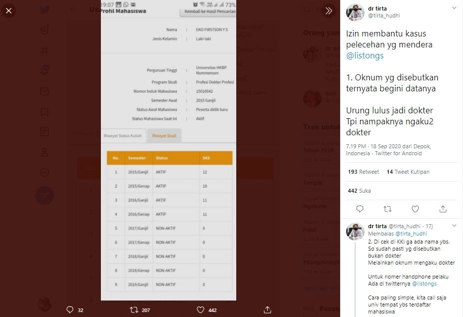 Identitas oknum dokter peras dan lecehkan penumpang dibongkar (Twitter/tirta_hudhi)