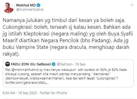 Respons Mahfud MD soal label cukongkrasi dari Fadli Zon (Twitter/mohmahfudmd)