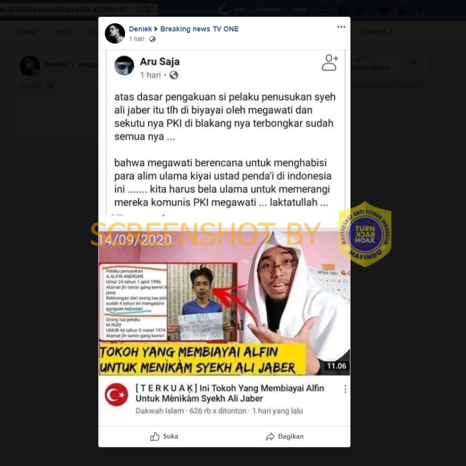 Benarkah Penusuk Syekh Ali Jaber Dibiayai Megawati dan PKI? (Turnbackhoax.id).