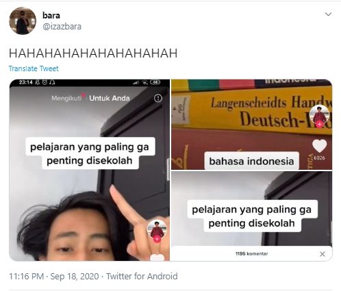 Tangkapan Layar Foto Viral Pemuda Dikecam Lantaran Menyebut Bahasa Indonesia Adalah Pelajaran Paling Tidak Penting (Twitter/@izazbara).